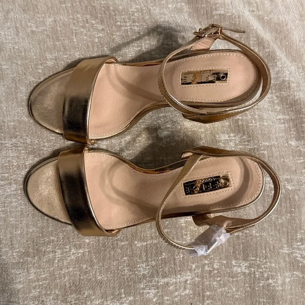 Office London Champagne Gold Block Heel Sandals